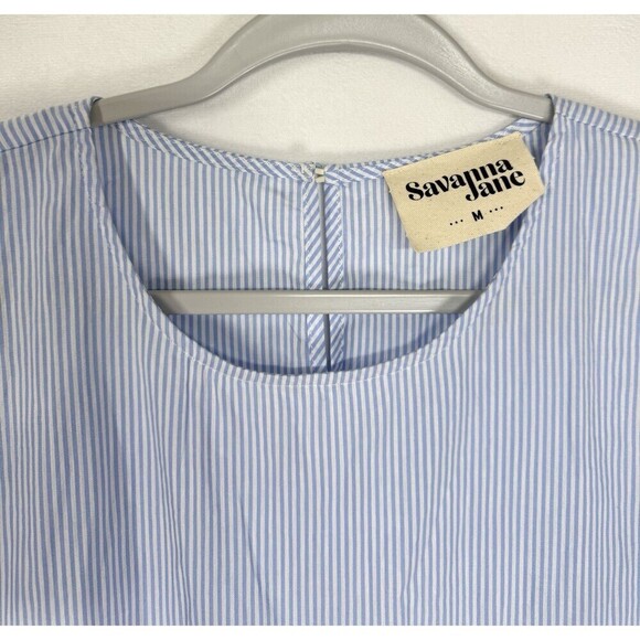 Savanna Jane Embroidered Top Womens Medium Blue Stripe Peplum Flutter Sleeve - Picture 3 of 7